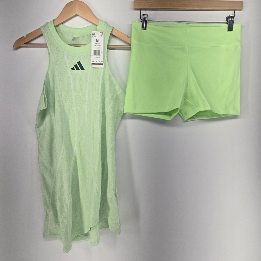 Adidas Tennis Dress Pro Women Medium Pulse Lime HEAT.RDY Racerback Shorts Set